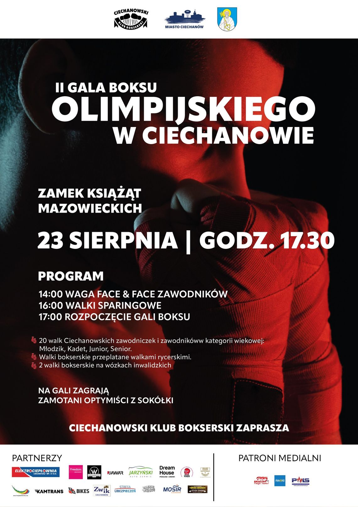 Oficjalny plakat II Gali Boksu Olimpijskiego w Ciechanowie na Zamku Książąt Mazowieckich, 23 sierpnia.
