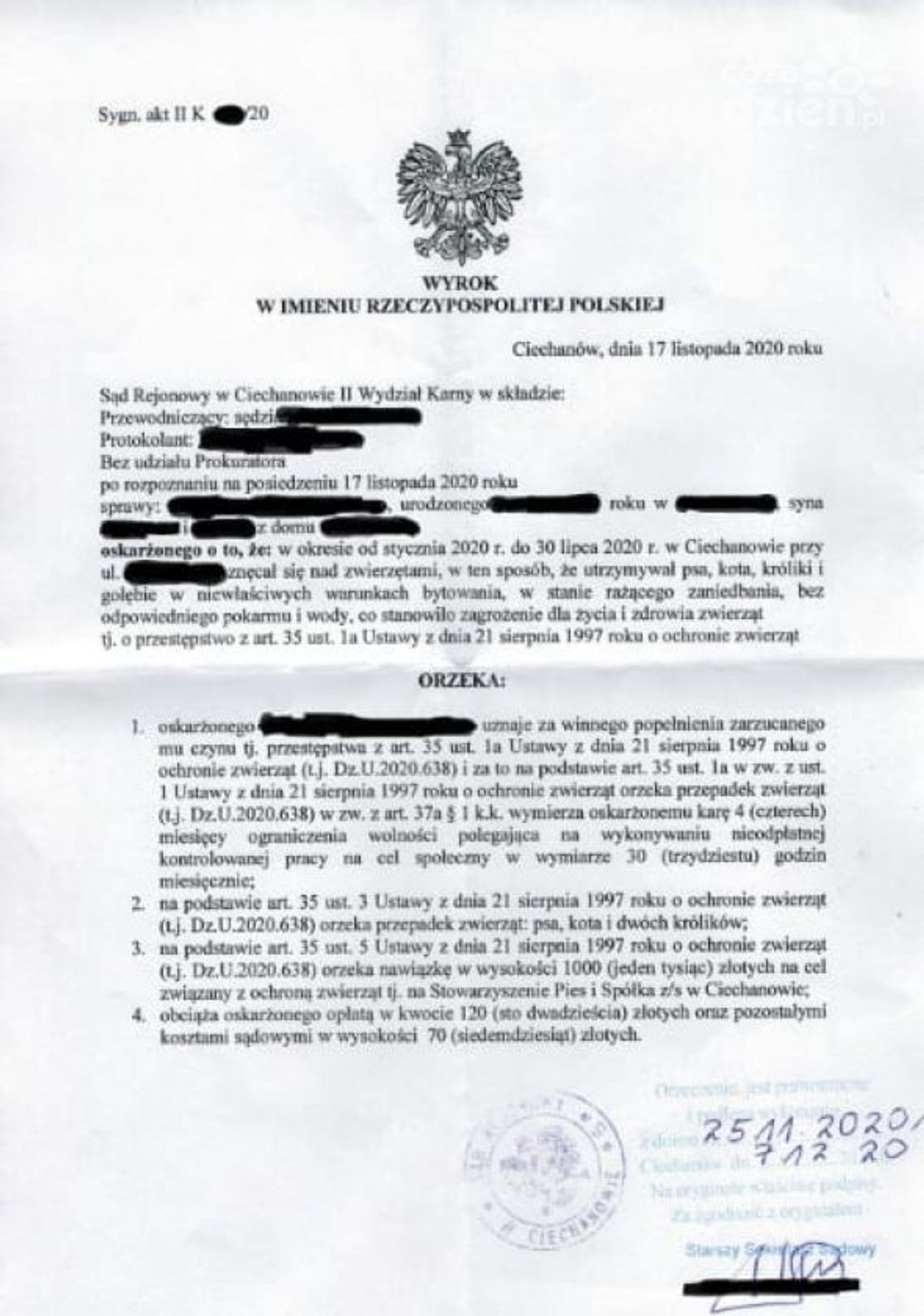 Znęcał się nad zwierzętami. Sąd w Ciechanowie wydał wyrok.