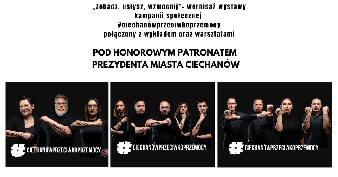 Plakat wydarzenia #ciechanowprzeciwkoprzemocy w Ciechanowie z informacjami o dacie, miejscu i prelegentkach.