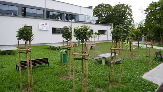 Teren rekreacyjny przy Zespole Szkół nr 4 w Mławie z siłownią zewnętrzną i stołami do gier.