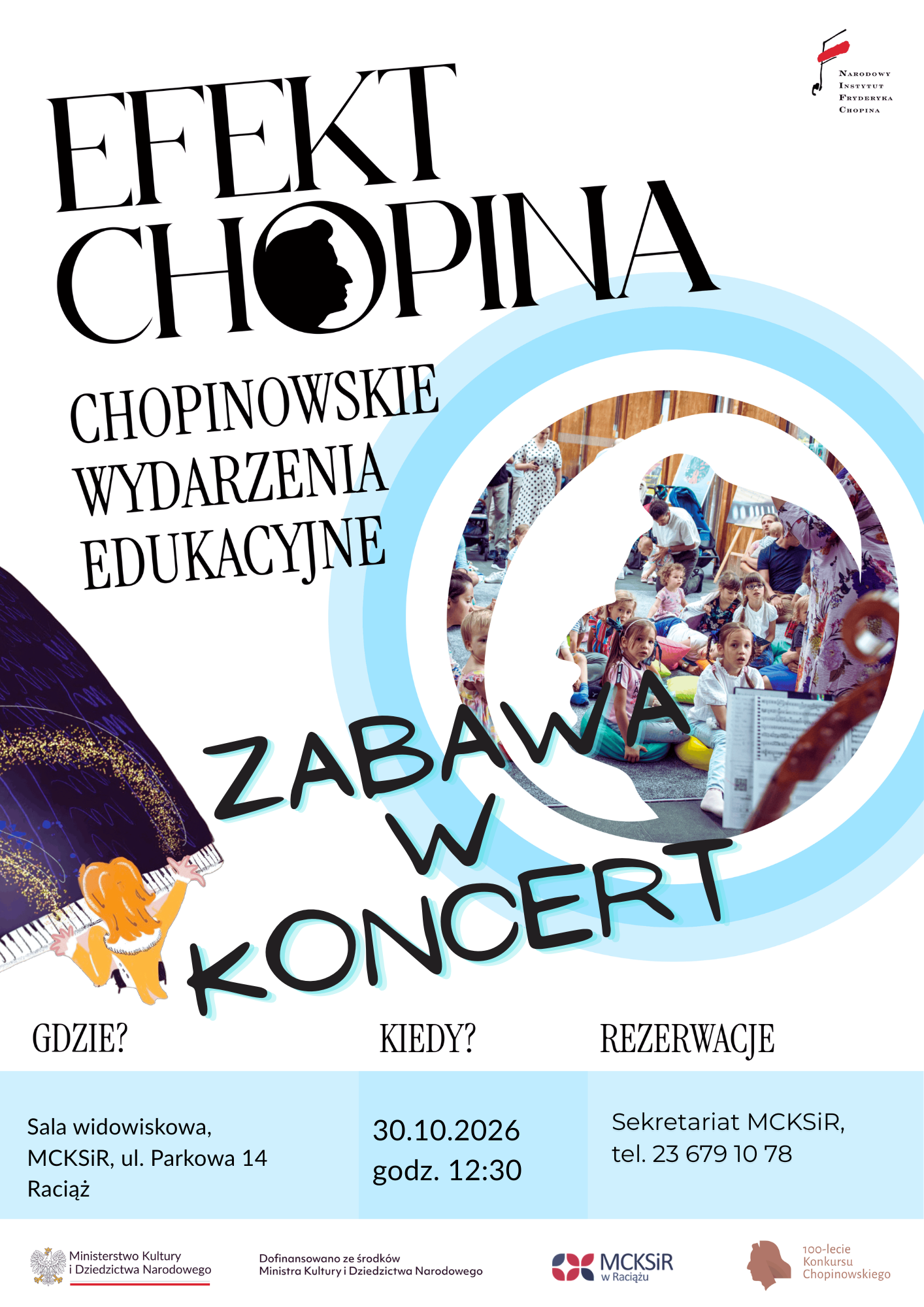 Plakat „Zabawy w koncert” z sylwetką Chopina, fortepianem i zdjęciem dzieci.