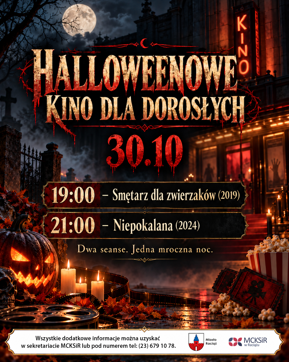 Plakat halloweenowego kina dla dorosłych z dynią, budynkiem kina i godzinami dwóch seansów.