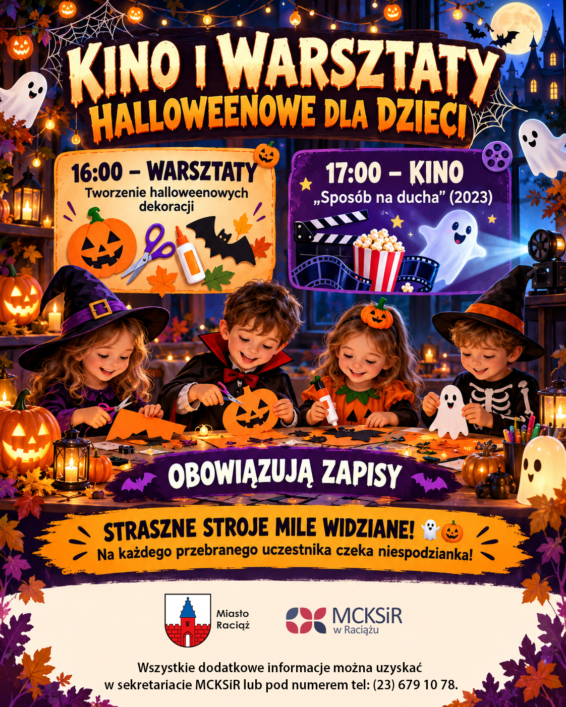 Plakat halloweenowych warsztatów i kina dla dzieci z dekoracjami, dyniami i postaciami w przebraniach.
