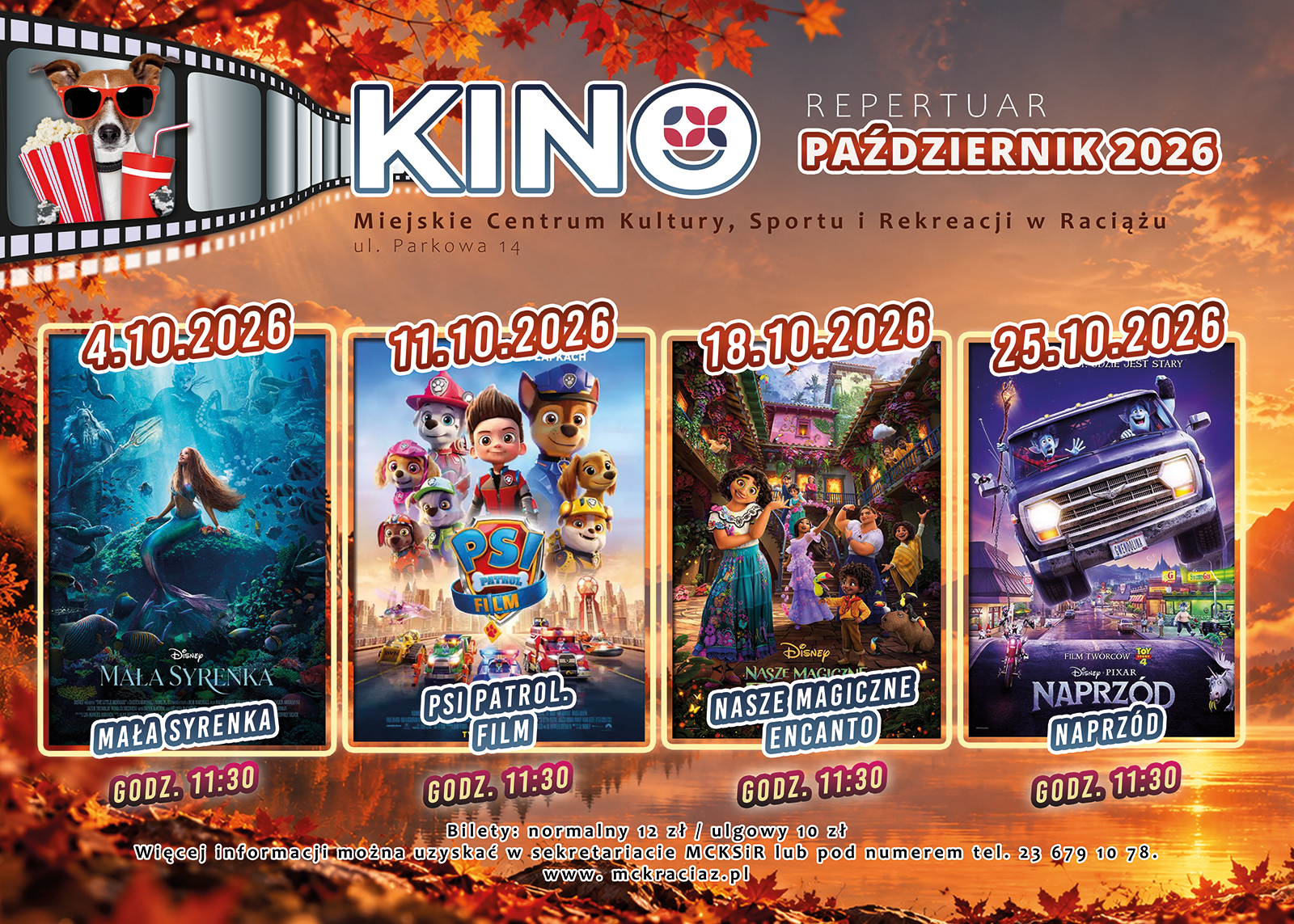 Plakat październikowego repertuaru kina w Raciążu z czterema filmami i datami projekcji.