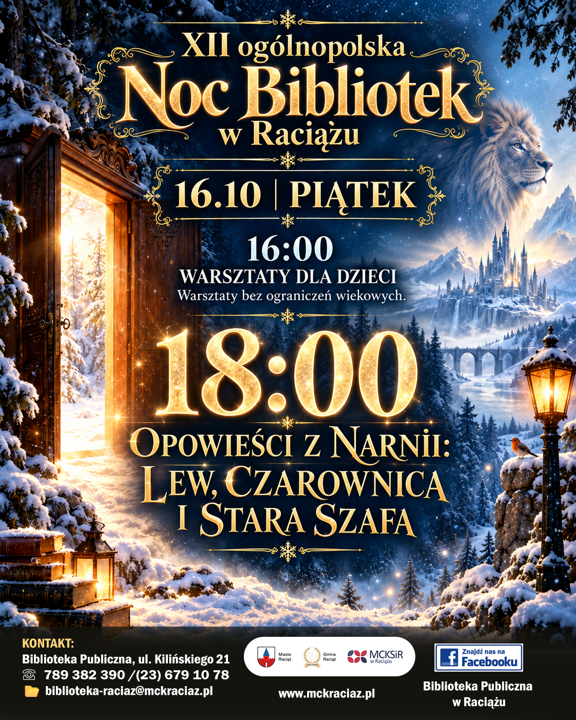 Plakat Nocy Bibliotek w Raciążu z lwem, szafą, zimowym krajobrazem i godzinami wydarzeń.